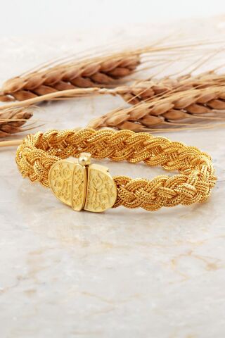 Midyat Hasırı Altın Kaplama Anadolu Motifli Örgü Gümüş Bileklik 4706