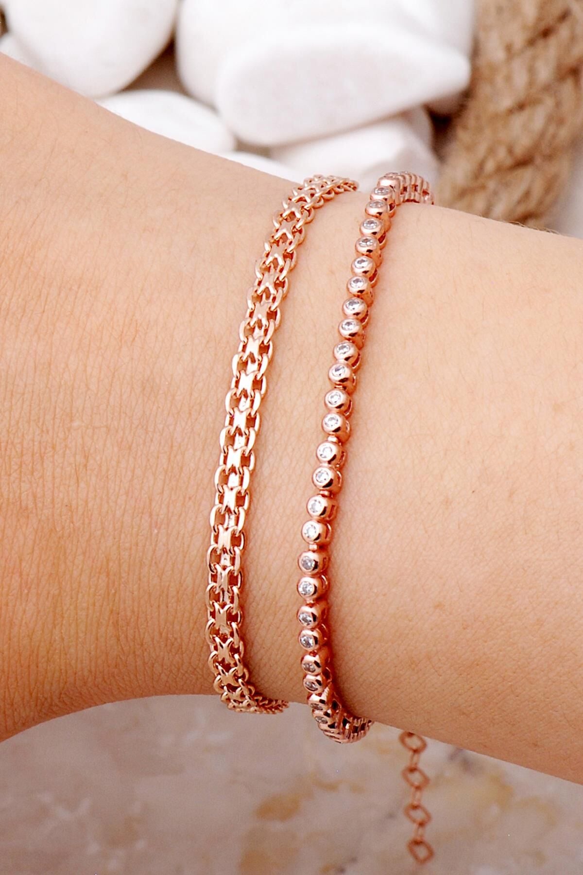 Ezme ve Su Yolu Rose Gümüş Kombin Bileklik 3997