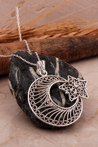Telkari Ay Yıldız Elişi Gümüş Kolye 7969