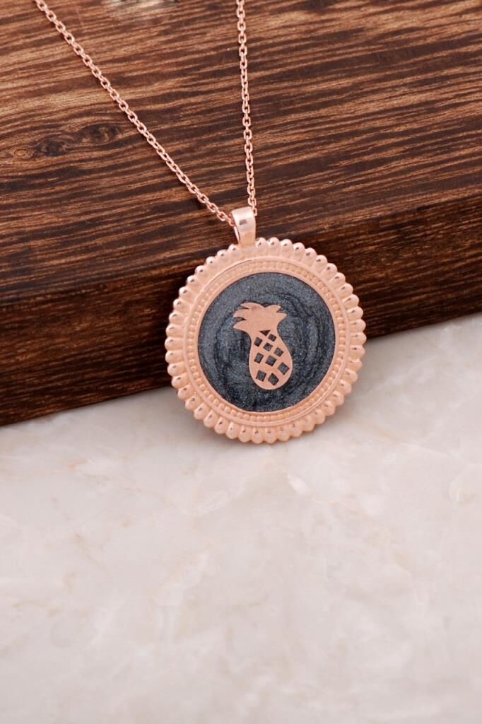 Ananas Mineli Plaka Rose Gümüş Kolye 2650