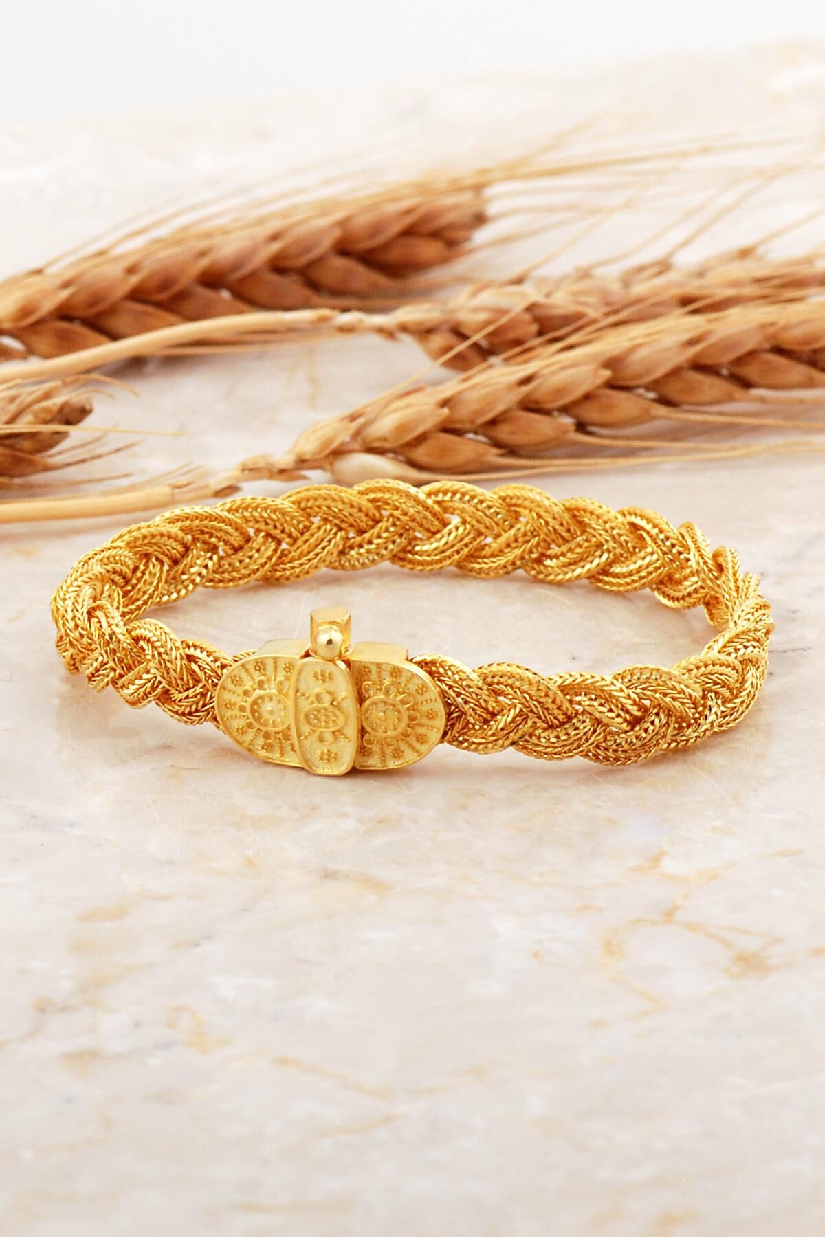 Midyat Hasırı Altın Kaplama Mezopotamya Güneşi Örgü Gümüş Bileklik 4707