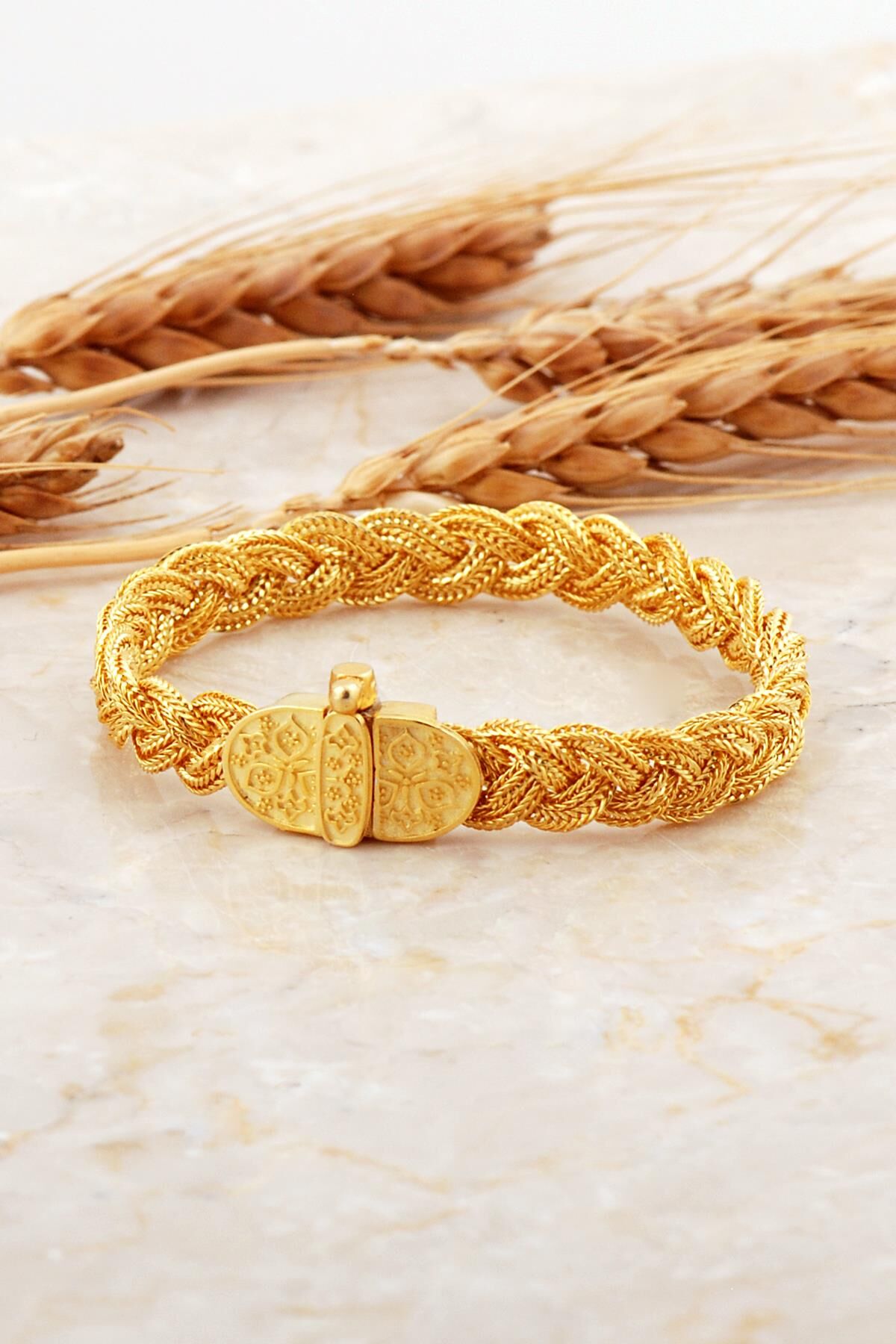 Midyat Hasırı Altın Kaplama Anadolu Motifli Örgü Gümüş Bileklik 4708