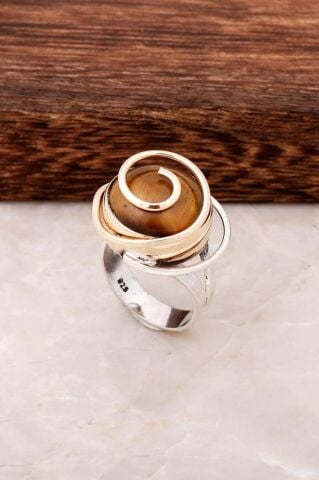 Kaplan Gözü Taşı Tasarım Gümüş Yüzük 2841