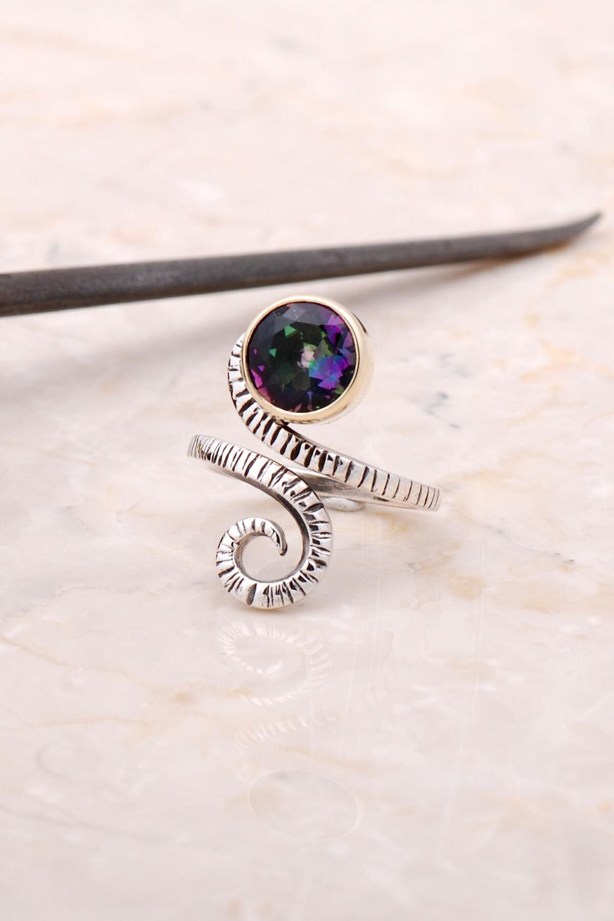 Mistik Topaz Tasarım Elişi Gümüş Yüzük 3018