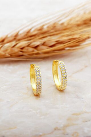 16 Mm Altın Kaplama Taşlı Orta Boy Gümüş Halka Küpe 7148