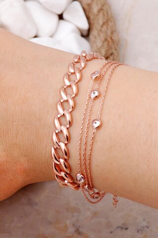 Gurmet ve Sıra Taşlı Rose Gümüş Kombin Bileklik 4004