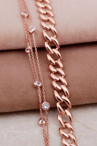 Gurmet ve Sıra Taşlı Rose Gümüş Kombin Bileklik 4004