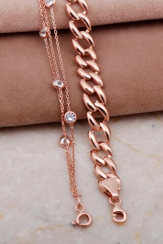 Gurmet ve Sıra Taşlı Rose Gümüş Kombin Bileklik 4004