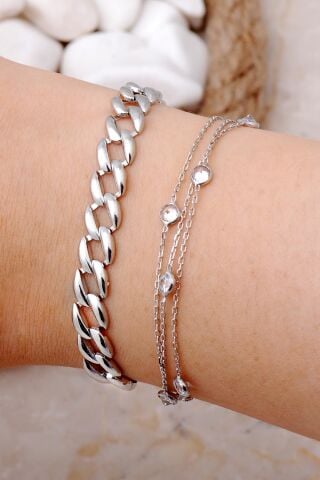 Gurmet ve Sıra Taşlı Rodyumlu Gümüş Kombin Bileklik 4005