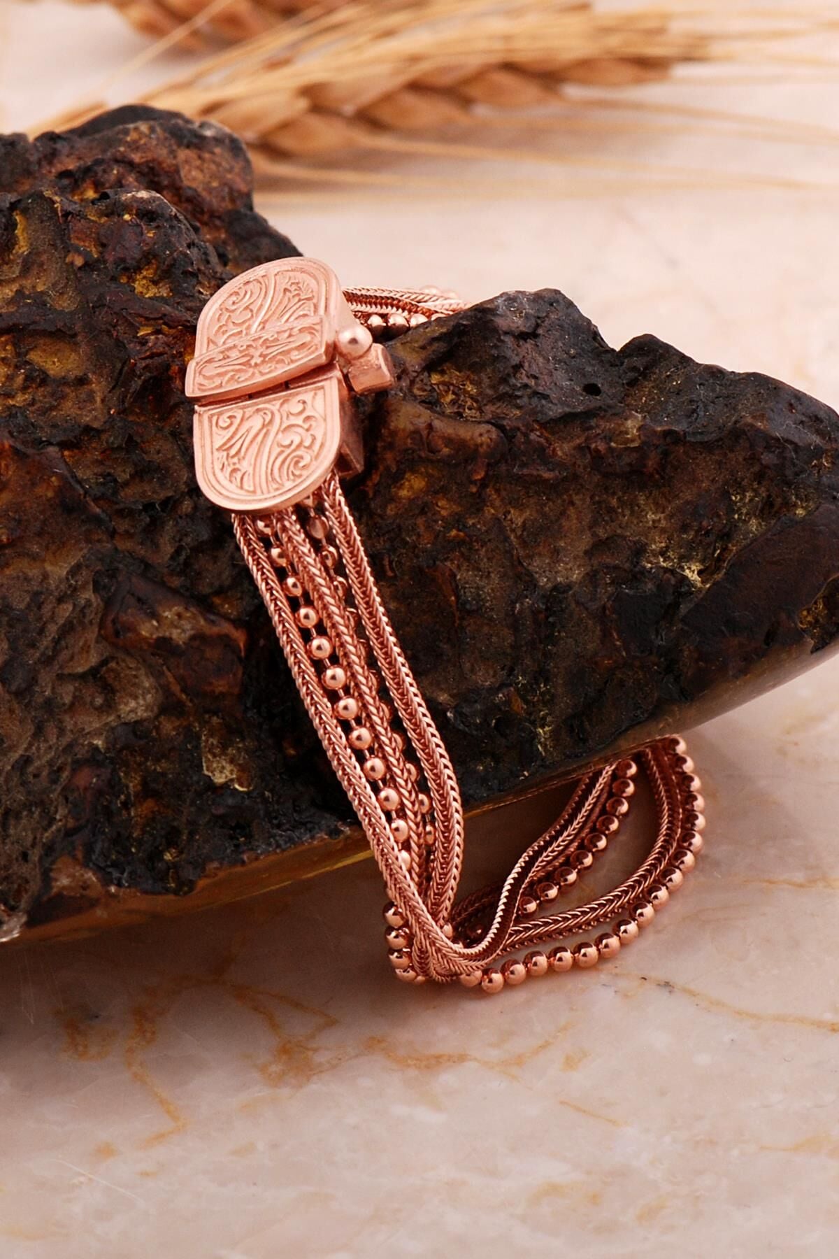 Midyat Hasırı Rose Gümüş Laleli Akıtma Bileklik 4709