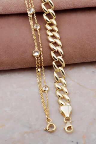 Gurmet ve Sıra Taşlı Altın Yaldızlı Gümüş Kombin Bileklik 4006