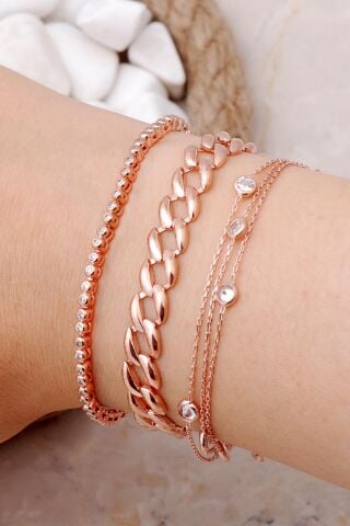 Gurmet, Su Yolu ve Sıra Taşlı Rose Gümüş Kombin Bileklik 4007