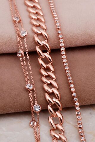 Gurmet, Su Yolu ve Sıra Taşlı Rose Gümüş Kombin Bileklik 4007