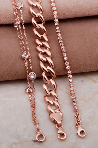 Gurmet, Su Yolu ve Sıra Taşlı Rose Gümüş Kombin Bileklik 4007