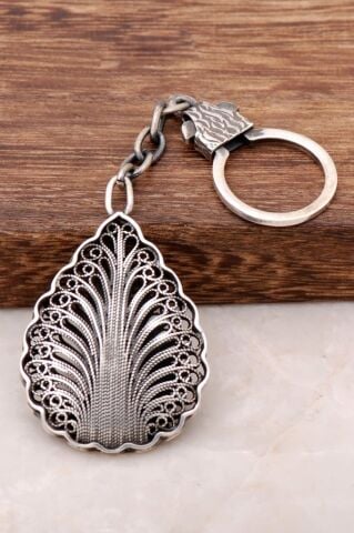 Telkari İşlemeli Yaprak Motifli Elişi Gümüş Anahtarlık 09