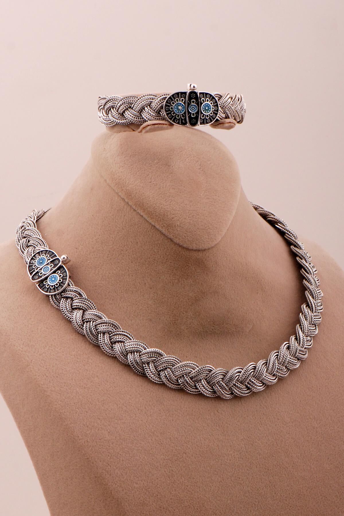 Mardin Güneşi Hasır Örgü Oksitli 925 Ayar Gümüş Set 2751