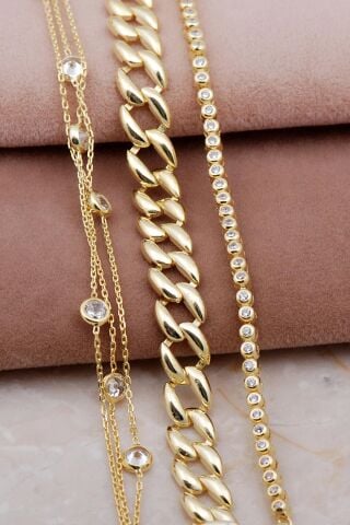 Gurmet, Su Yolu ve Sıra Taşlı Altın Yaldızlı Gümüş Kombin Bileklik 4009