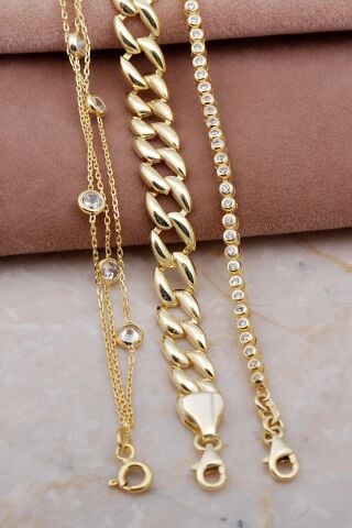 Gurmet, Su Yolu ve Sıra Taşlı Altın Yaldızlı Gümüş Kombin Bileklik 4009