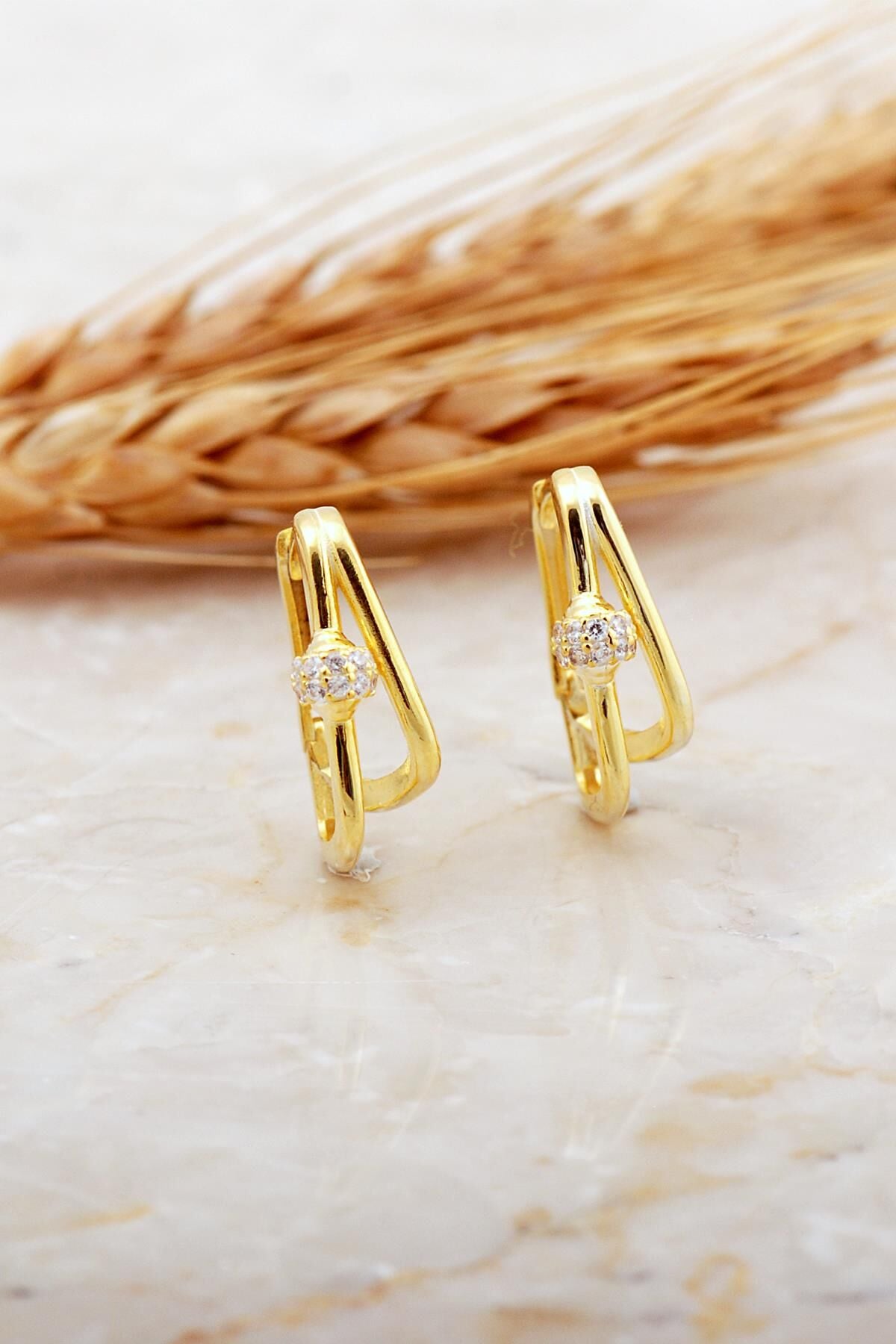 Tasarım Altın Kaplama Taşlı Gümüş Küpe 7153