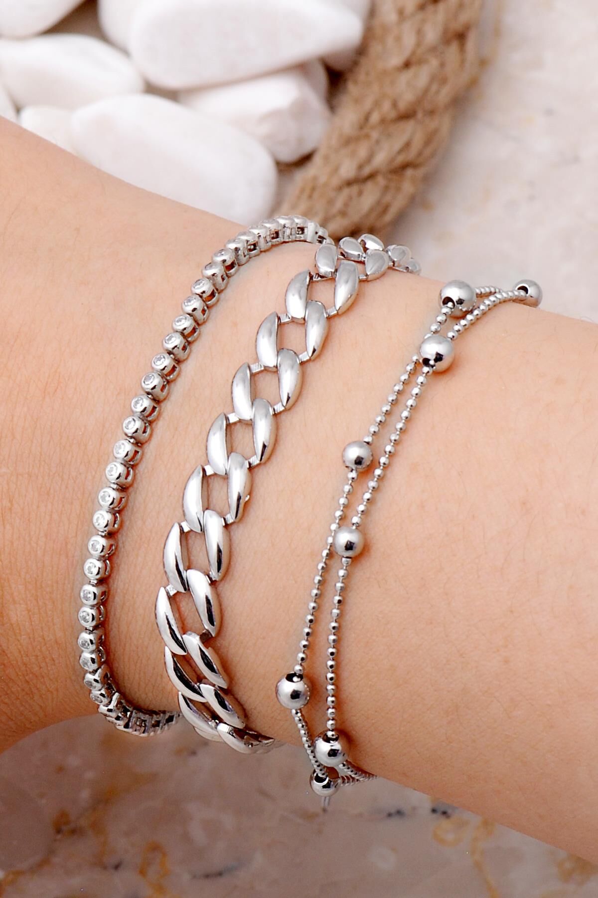 Gurmet, Su Yolu ve Dorissa Rodyumlu Gümüş Kombin Bileklik 4011