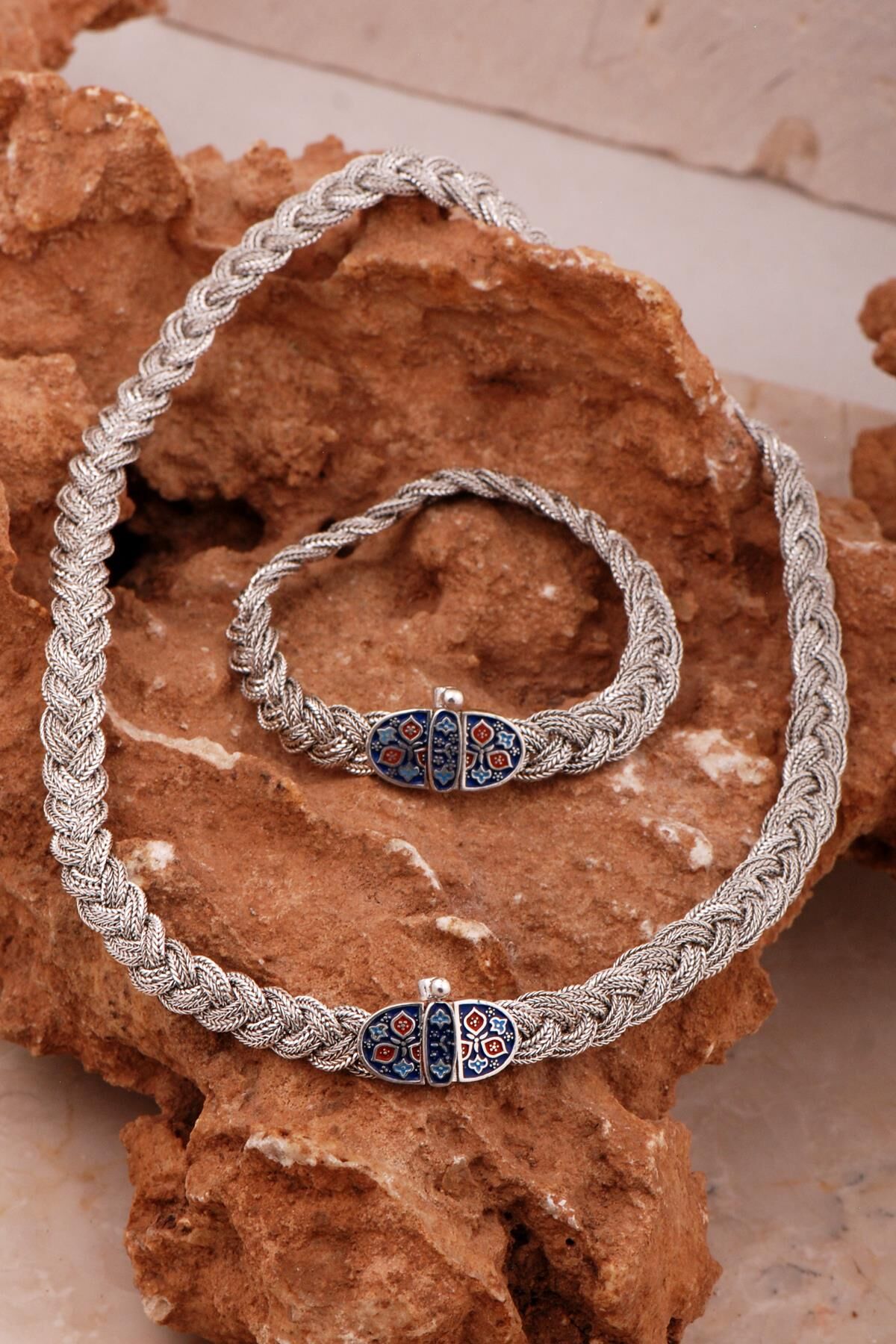 Hasır Örgü Telkari Anadolu Motifli Oksitli Gümüş Set 2753