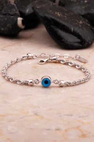 Gümüş Rodyumlu Göz Nazar Boncuklu Halat Bileklik 4555