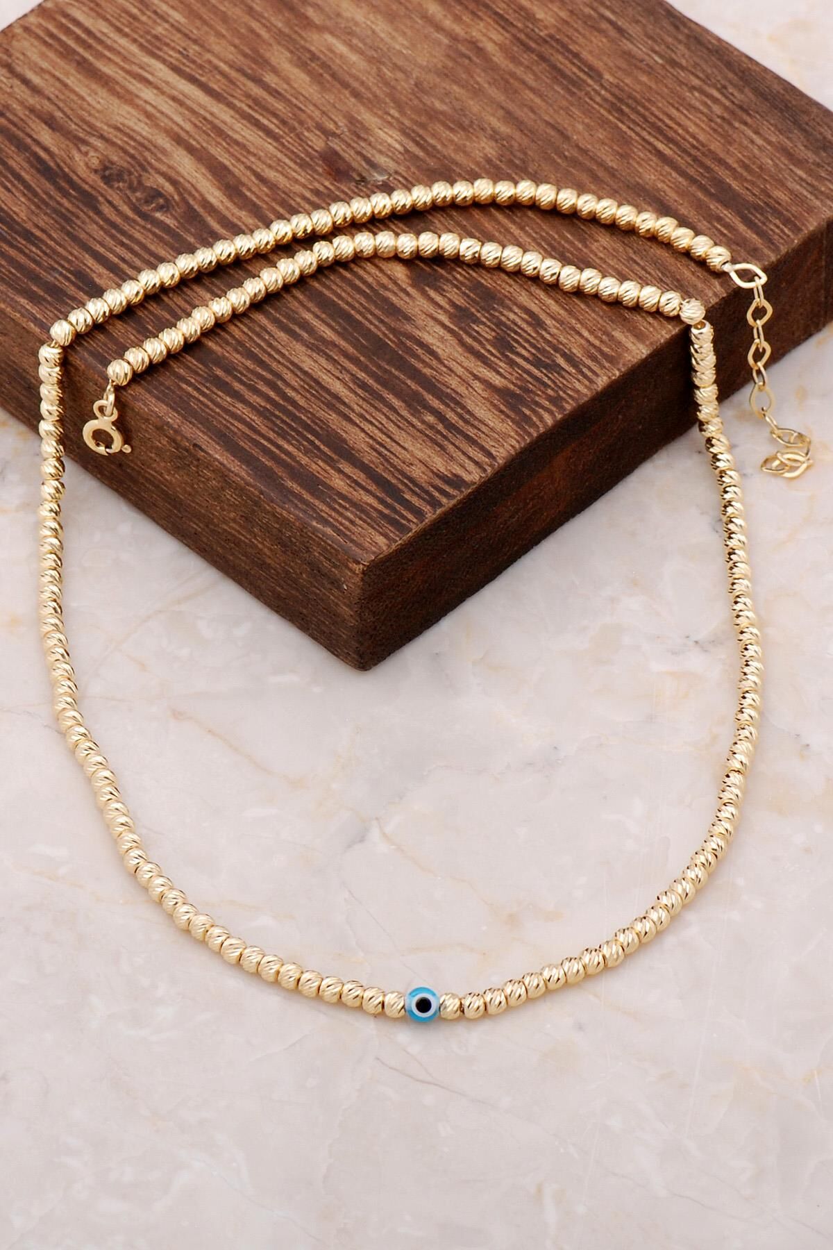 Dorika Altın Yaldızlı Nazar Boncuklu 925 Ayar Gümüş Kolye 6853