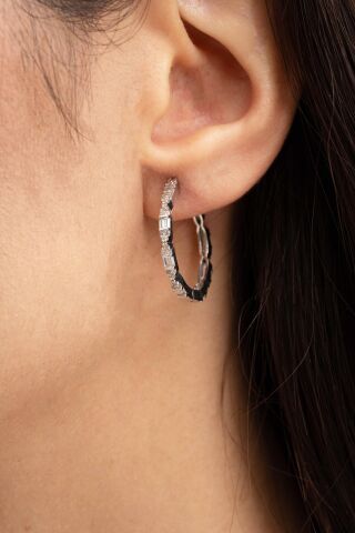 24 Mm Baget Taşlı Tasarım Rodyumlu Gümüş Halka Küpe 7159