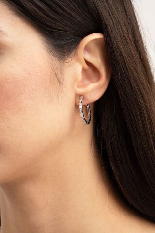 24 Mm Baget Taşlı Tasarım Rodyumlu Gümüş Halka Küpe 7159