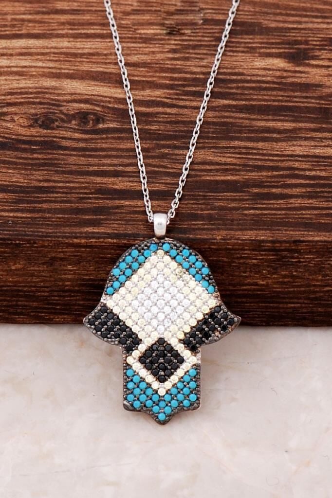 Turkuaz Taşlı Bereket Eli Tasarım Kolye 3610