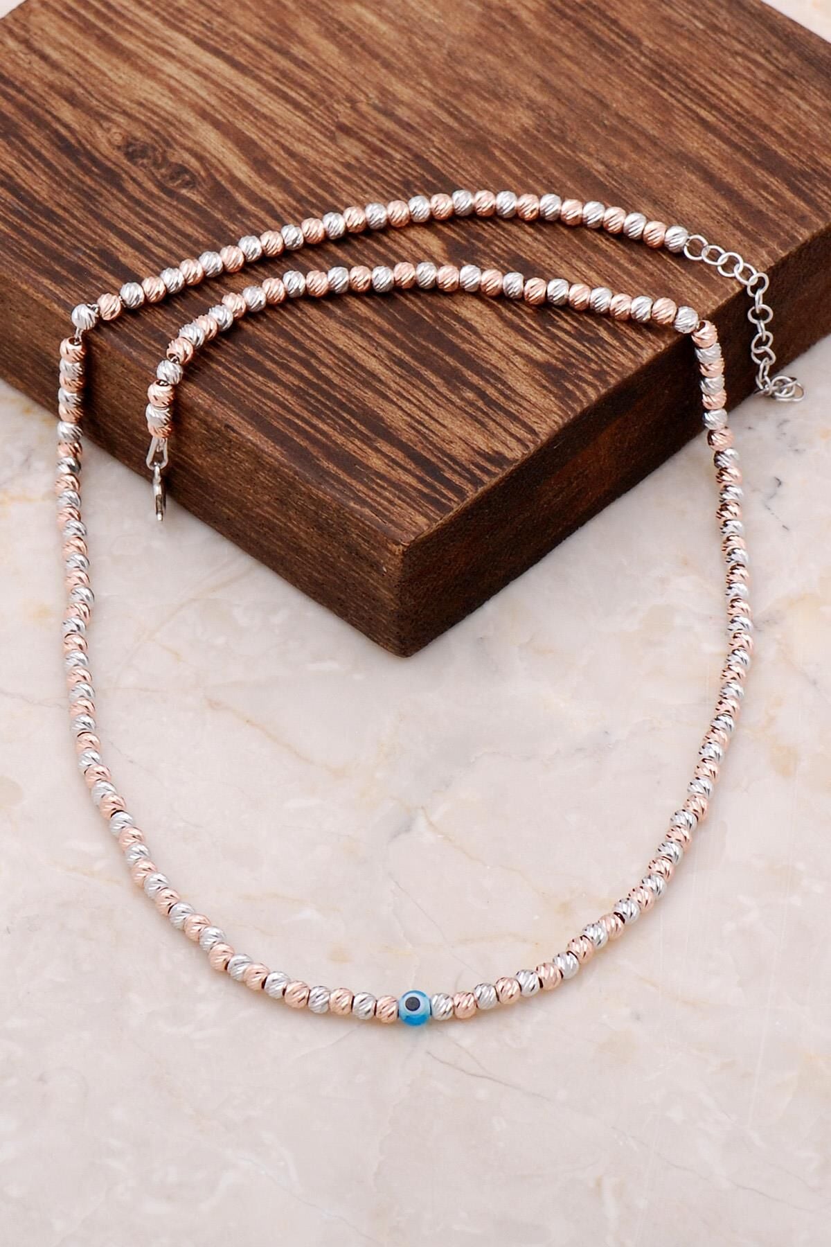 Dorika Nazar Boncuklu Rose 925 Ayar Gümüş Renkli Kolye 6855