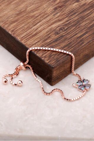 Dört Yapraklı Yonca Tasarımlı Rose Gümüş Bileklik 2898