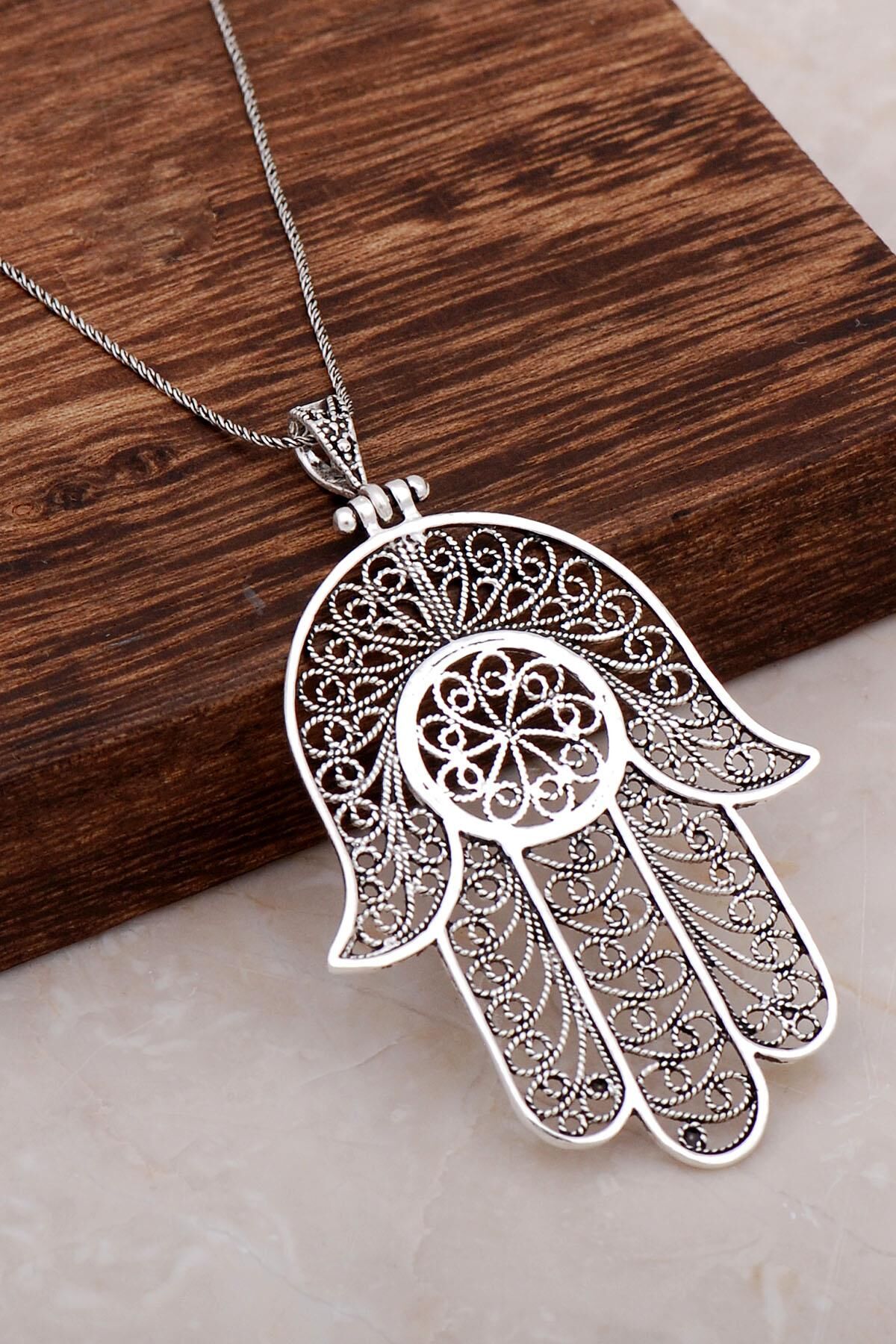 Telkari İşlemeli Bereket Eli Büyük Boy Gümüş Kolye 6670