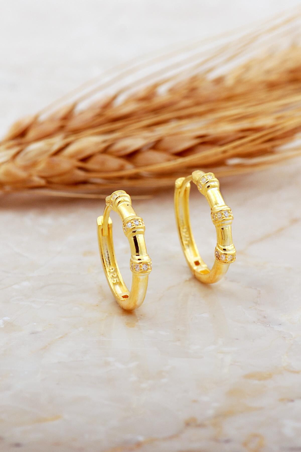 20 Mm Taşlı Tasarım Altın Kaplama Gümüş Halka Küpe 7161