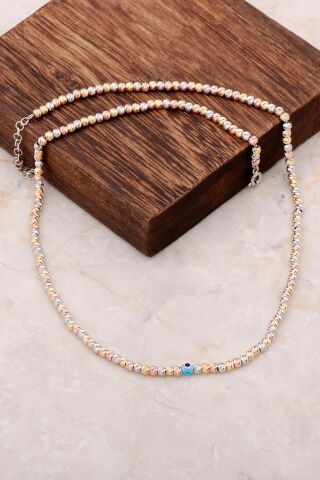 Dorika Altın Yaldızlı Rose 925 Ayar Gümüş Nazar Boncuklu Kolye 6856