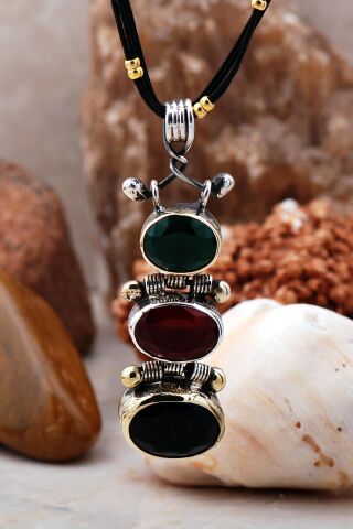 Doğal Taşlı Basamak Gümüş Kolye 708