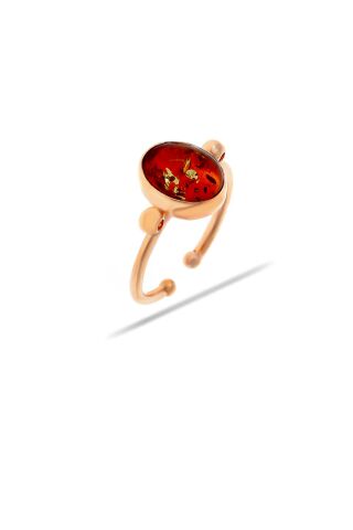Kehribar Taşlı Rose Gümüş Yüzük 3188