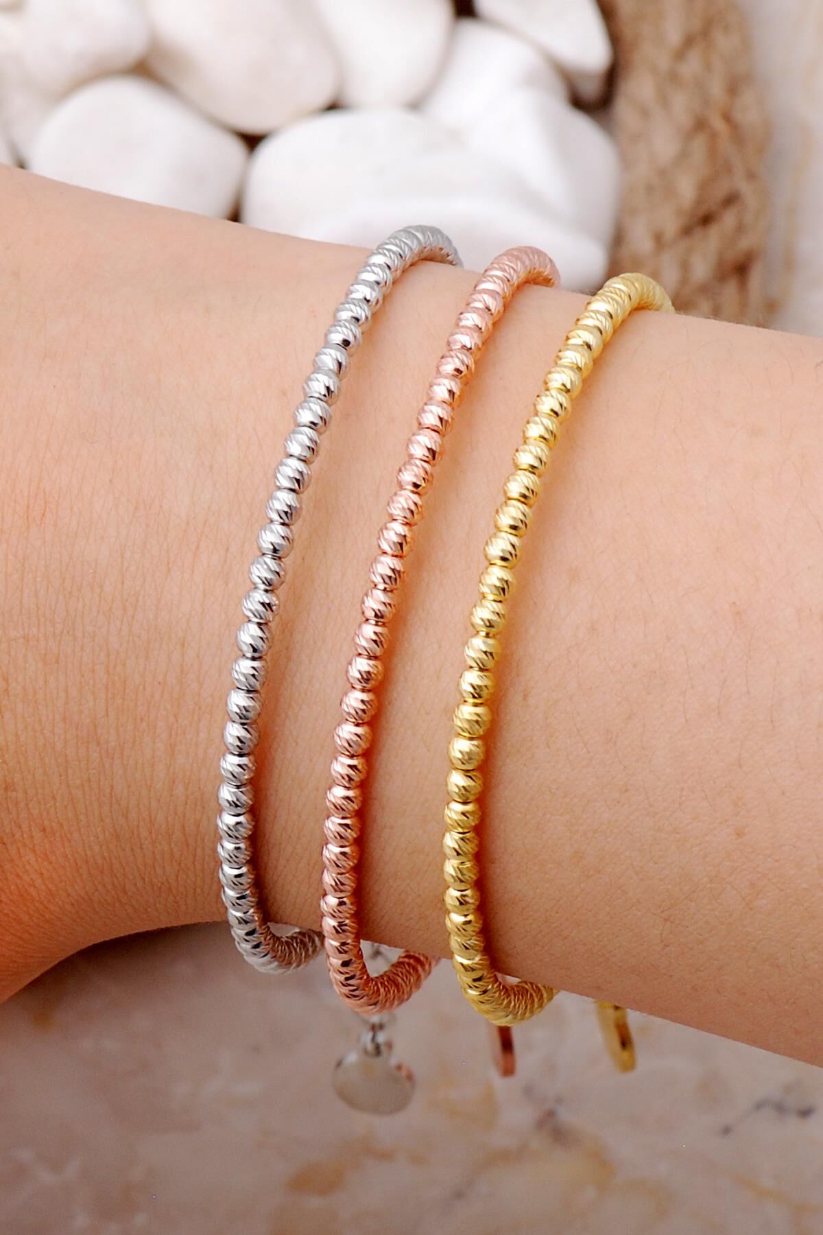 Dorika Tasarım Altın Yaldız Rose ve Rodyumlu 925 Ayar Gümüş Kombin Bilezik 4021