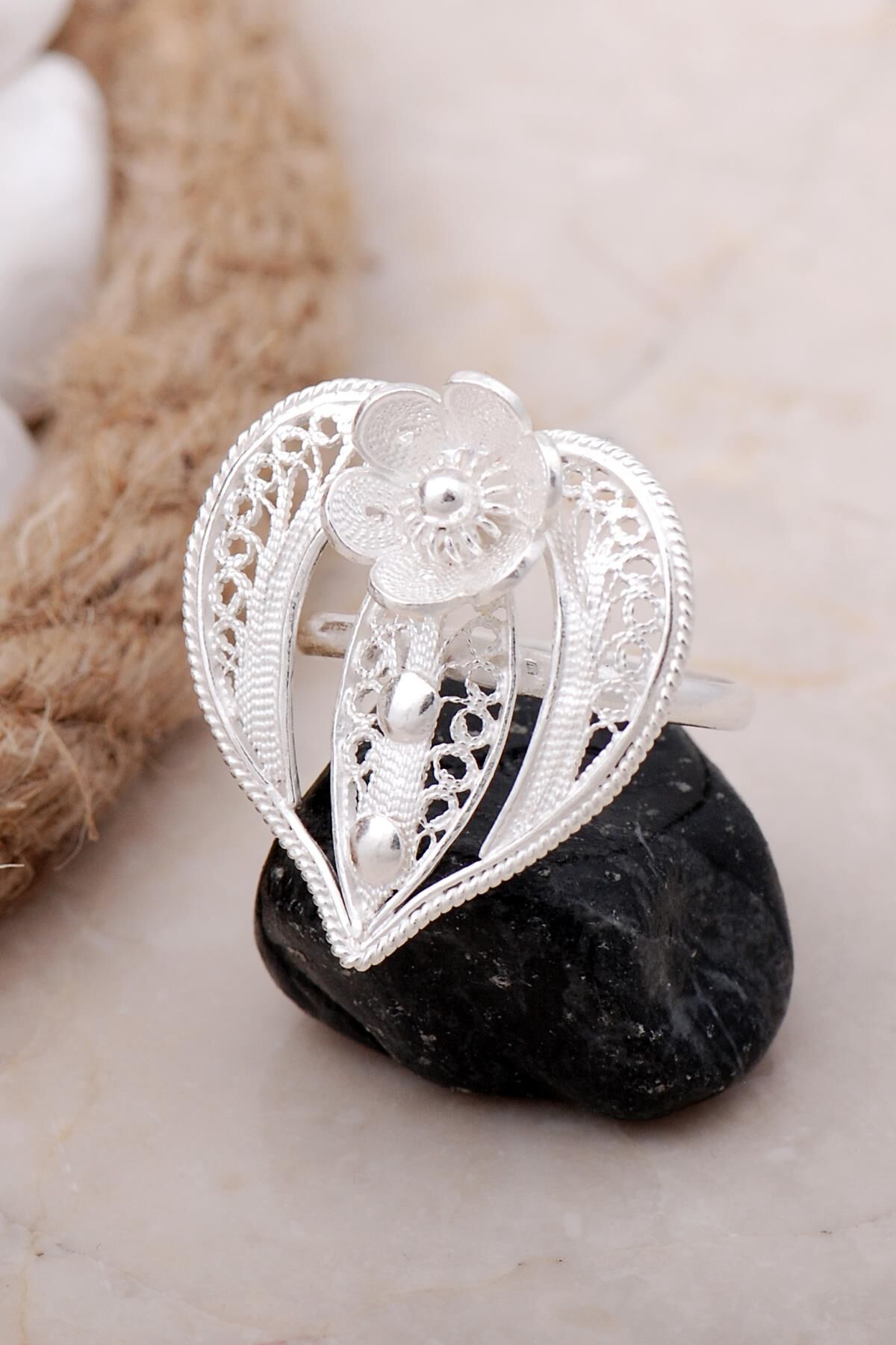 Kalp Telkari Elişi Gümüş Yüzük 3353