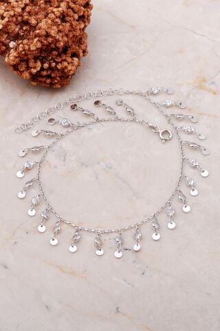 Taşlı Pullu Sallantılı Rodyumlu Gümüş Halhal 260