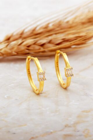 20 Mm Baget Taşlı Tasarım Altın Kaplama Gümüş Küpe 7167