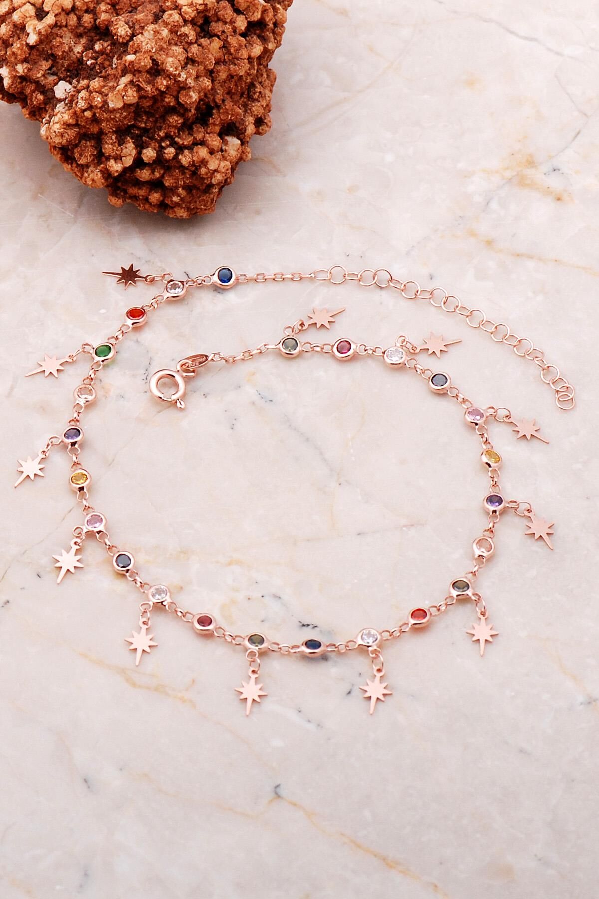 Kuzey Yıldızı Sallantılı Taşlı Rose Gümüş Halhal 261