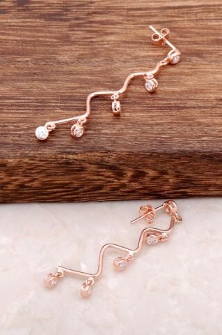 Rose Gümüş Zirkon Taşlı Zigzag Tasarım Küpe 2152