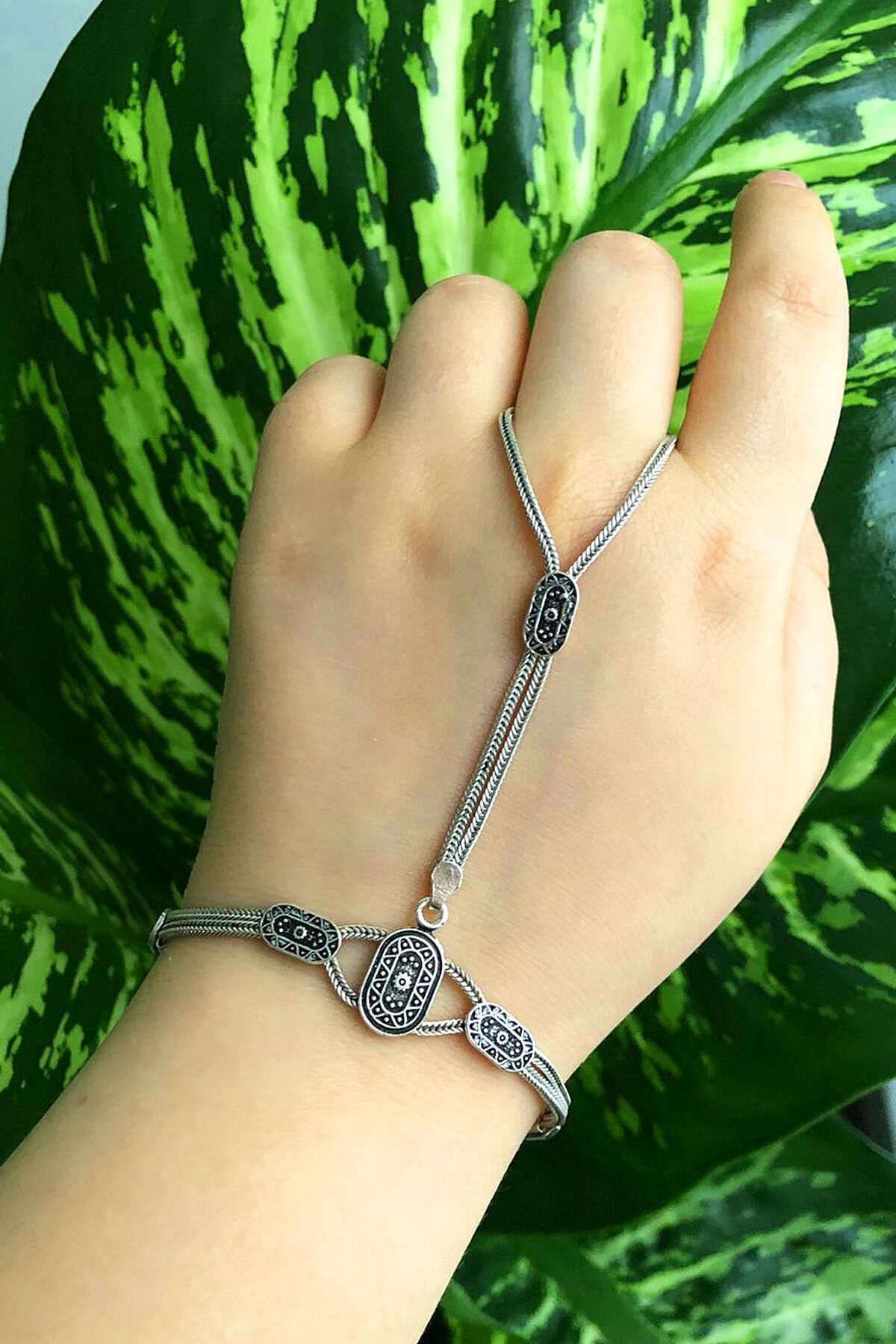 Hasır Örgü Şahmeran Gümüş Yüzüklü Bileklik 24