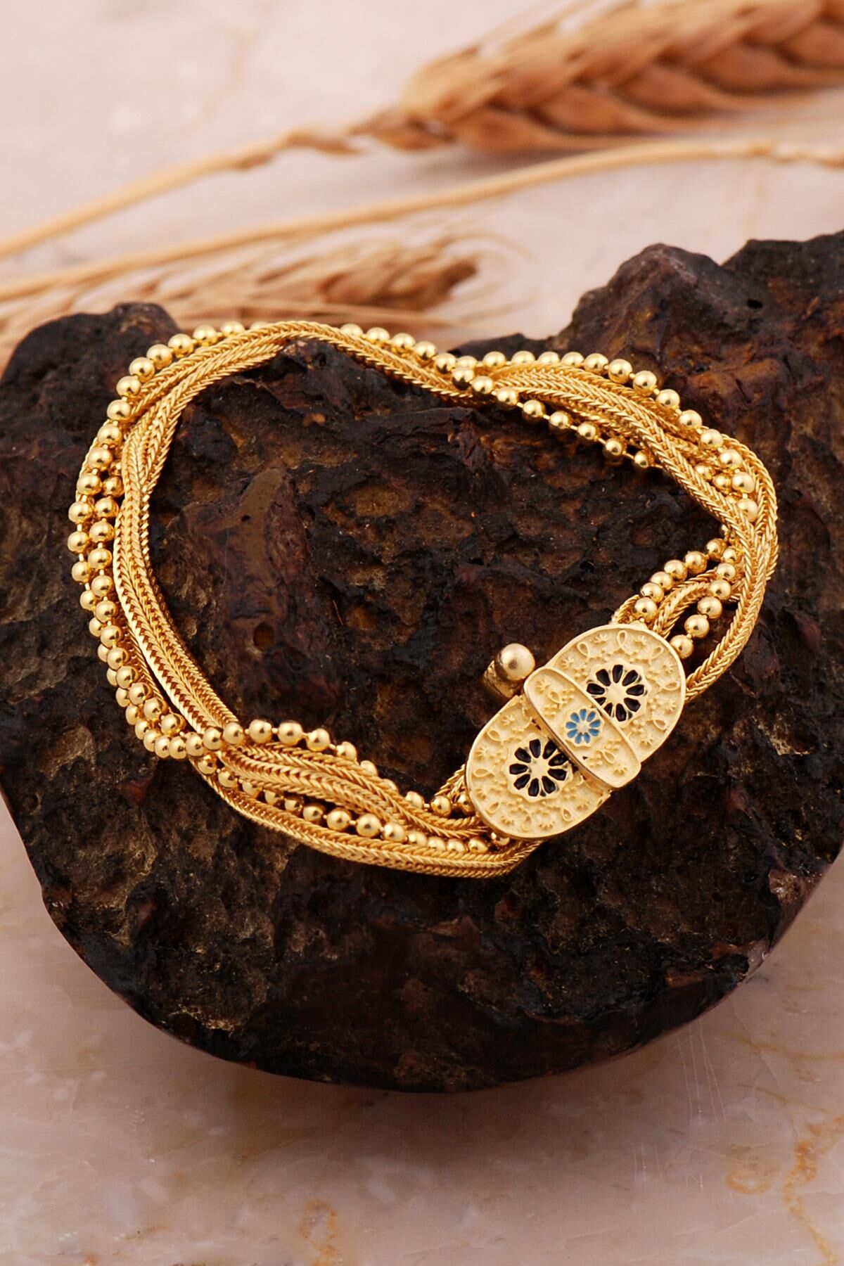 Midyat Hasırı Altın Kaplama Gümüş Mineli Akıtma Bileklik 4715