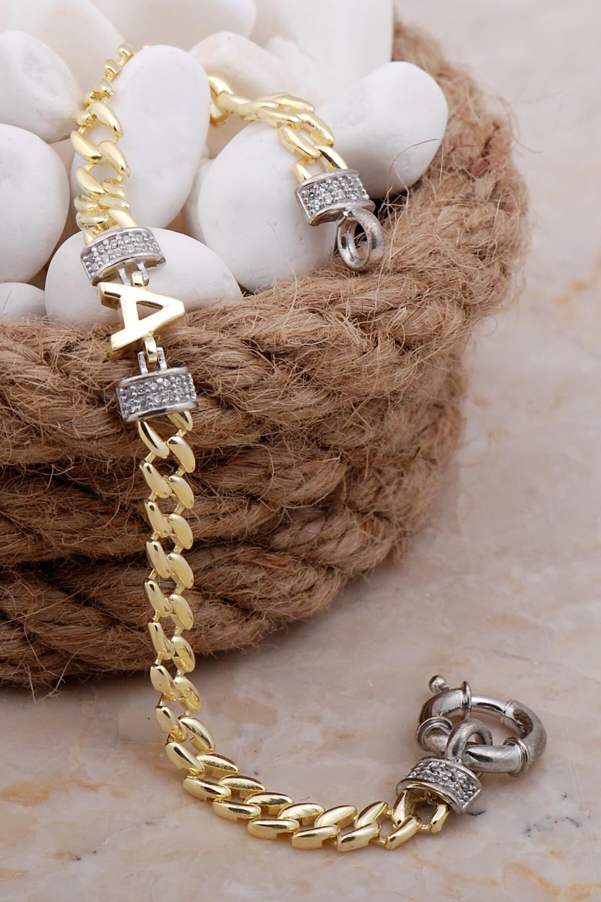 A Harfli Gurmet Altın Yaldızlı Gümüş Bileklik 4028