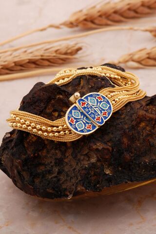 Anadolu Motifli Gümüş Altın Kaplama 17,50 Cm Midyat Hasırı Mineli Akıtma Bileklik 4716