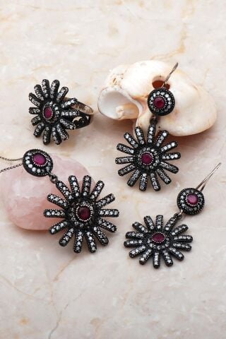 Kök Yakut ve Zirkon Taşlı Papatya Gümüş Set 1122