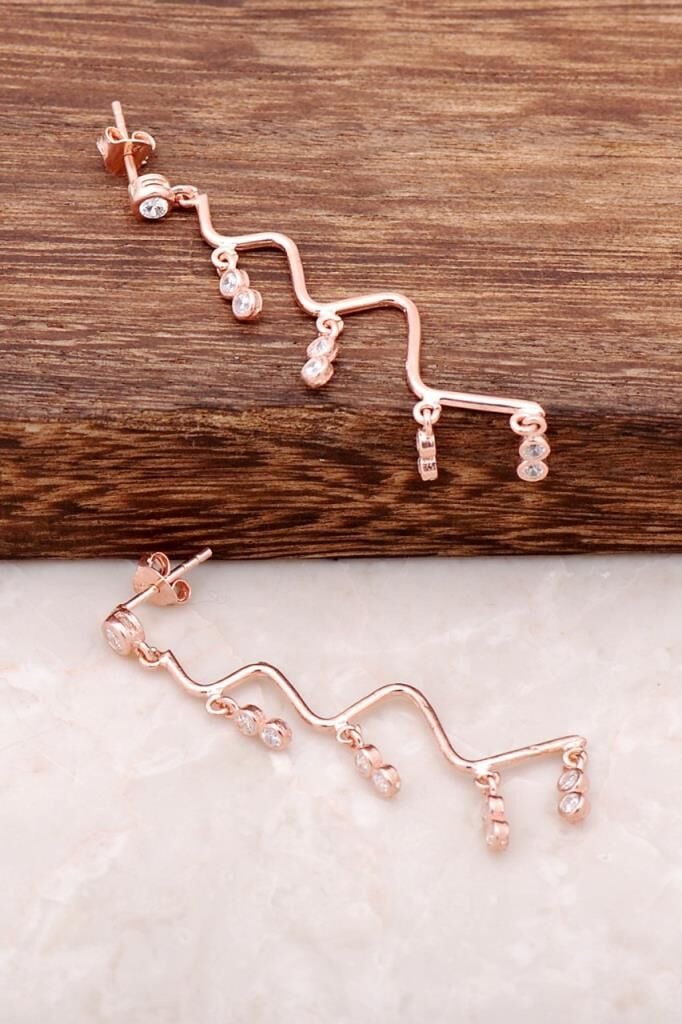 Rose Gümüş Taşlı Zigzag Tasarımlı Küpe 2156