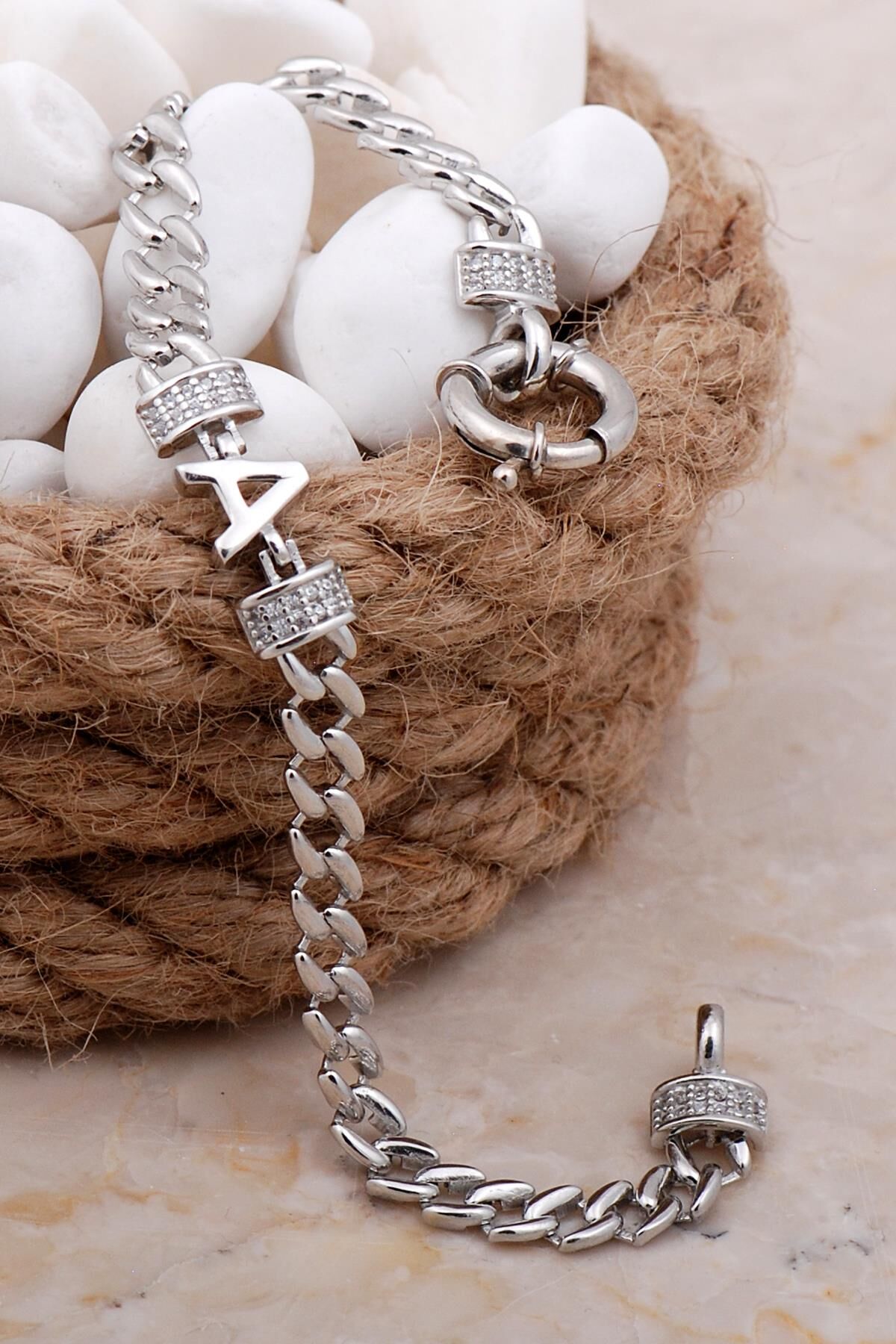 A Harfli Gurmet Rodyumlu Gümüş Bileklik 4029